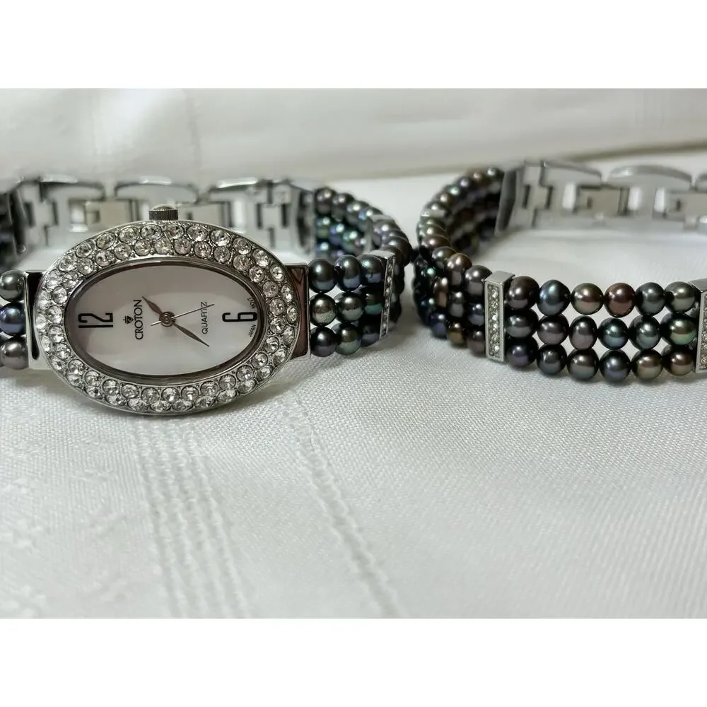 Croton Women's Mother of Pearl Watch & Bracelet Set Crystal Halo Tahitian Pearl